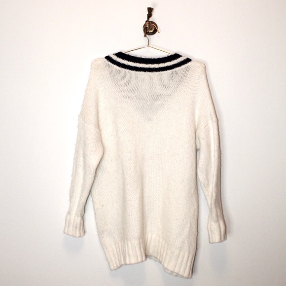 Aerie Oversized White + Navy Cable Knit Varsity Sweater - Picture 3 of 4